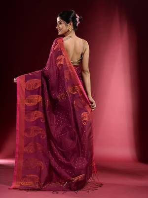 Iris Purple Blended Cotton Handwoven Saree With Woven Zari Paisley Motifs And Floral Designs 4