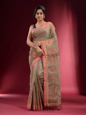 Beige Blended Cotton Handwoven Saree With Woven Zari Paisley Motifs And Floral Designs 1