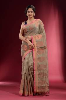 Beige Blended Cotton Handwoven Saree With Woven Zari Paisley Motifs And Floral Designs