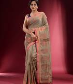 Beige Blended Cotton Handwoven Saree With Woven Zari Paisley Motifs And Floral Designs