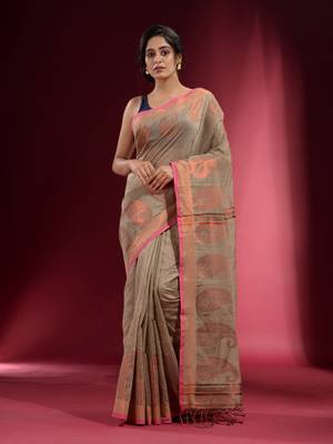 Beige Blended Cotton Handwoven Saree With Woven Zari Paisley Motifs And Floral Designs 2