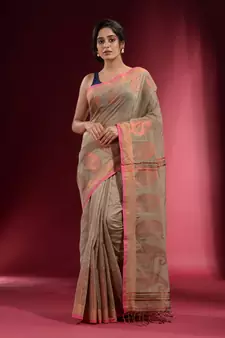 Beige Blended Cotton Handwoven Saree With Woven Zari Paisley Motifs And Floral Designs