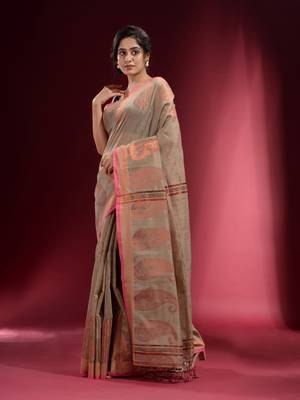 Beige Blended Cotton Handwoven Saree With Woven Zari Paisley Motifs And Floral Designs 3