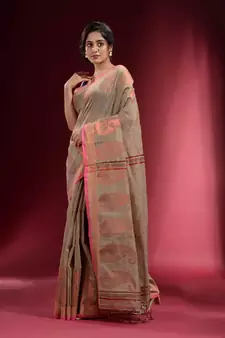 Beige Blended Cotton Handwoven Saree With Woven Zari Paisley Motifs And Floral Designs