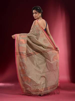 Beige Blended Cotton Handwoven Saree With Woven Zari Paisley Motifs And Floral Designs 4