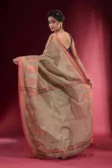 Beige Blended Cotton Handwoven Saree With Woven Zari Paisley Motifs And Floral Designs