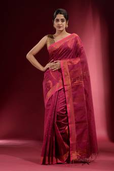 Taffy Pink Blended Cotton Handwoven Saree With Woven Zari Paisley Motifs And Floral Designs