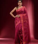 Taffy Pink Blended Cotton Handwoven Saree With Woven Zari Paisley Motifs And Floral Designs