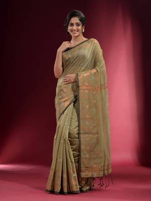Beige Blended Cotton Handwoven Saree With Woven Floral Zari Designs 1