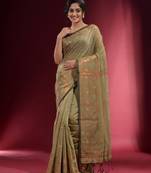 Beige Blended Cotton Handwoven Saree With Woven Floral Zari Designs