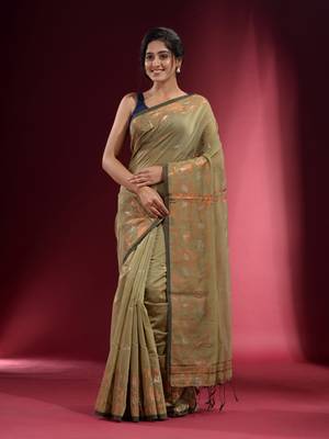 Beige Blended Cotton Handwoven Saree With Woven Floral Zari Designs 2
