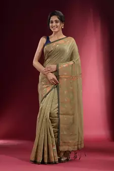 Beige Blended Cotton Handwoven Saree With Woven Floral Zari Designs