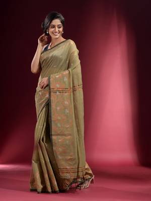 Beige Blended Cotton Handwoven Saree With Woven Floral Zari Designs 3