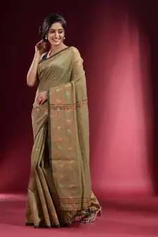 Beige Blended Cotton Handwoven Saree With Woven Floral Zari Designs