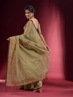 Beige Blended Cotton Handwoven Saree With Woven Floral Zari Designs 4