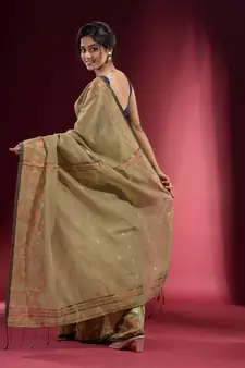 Beige Blended Cotton Handwoven Saree With Woven Floral Zari Designs