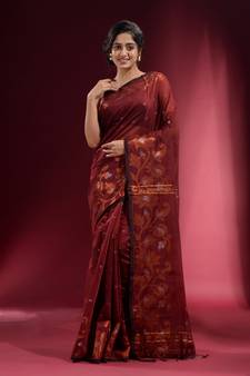 Cinnamon Brown Blended Cotton Handwoven Saree With Woven Floral Zari Designs