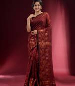 Cinnamon Brown Blended Cotton Handwoven Saree With Woven Floral Zari Designs