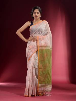 Off White Cotton handspun Handwoven Saree With Woven Floral Zari And Contrast Pallu 1