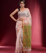 Off White Cotton handspun Handwoven Saree With Woven Floral Zari And Contrast Pallu