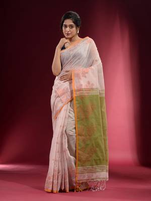 Off White Cotton handspun Handwoven Saree With Woven Floral Zari And Contrast Pallu 2
