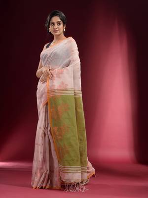 Off White Cotton handspun Handwoven Saree With Woven Floral Zari And Contrast Pallu 3