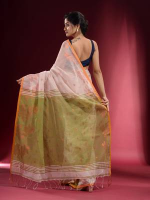 Off White Cotton handspun Handwoven Saree With Woven Floral Zari And Contrast Pallu 4