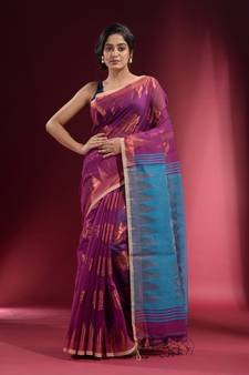 Iris Purple Blended Cotton Handwoven Saree With Woven Zari Floral Designs And Temple Borders