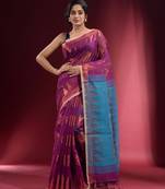 Iris Purple Blended Cotton Handwoven Saree With Woven Zari Floral Designs And Temple Borders