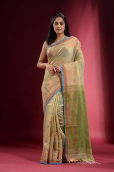 Olive Green Blended Cotton Handwoven Saree With Woven Zari Paisley And Floral Designs