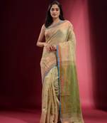 Olive Green Blended Cotton Handwoven Saree With Woven Zari Paisley And Floral Designs