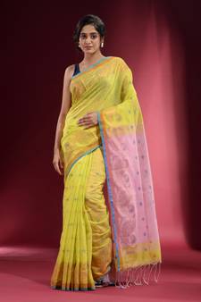 Lemon Yellow Blended Cotton Handwoven Saree With Woven Zari Paisley And Floral Designs