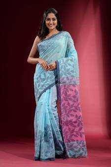 Sky Blue Cotton handspun Handwoven Saree With Geometric Buttas And Foliage Patterns