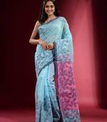 Sky Blue Cotton handspun Handwoven Saree With Geometric Buttas And Foliage Patterns