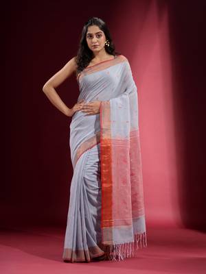 Silver Grey Cotton handspun Handwoven Saree With Ethnic Motifs And Zari Woven Designs 1