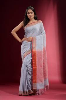 Silver Grey Cotton handspun Handwoven Saree With Ethnic Motifs And Zari Woven Designs