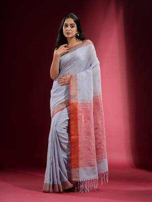Silver Grey Cotton handspun Handwoven Saree With Ethnic Motifs And Zari Woven Designs 2