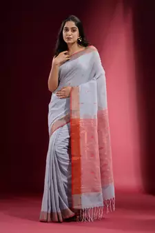 Silver Grey Cotton handspun Handwoven Saree With Ethnic Motifs And Zari Woven Designs