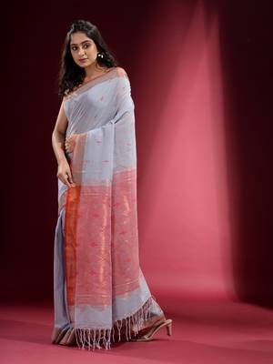 Silver Grey Cotton handspun Handwoven Saree With Ethnic Motifs And Zari Woven Designs 3