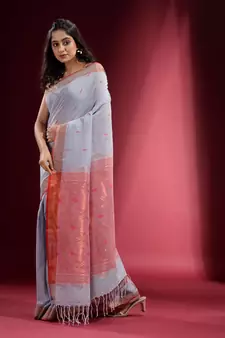 Silver Grey Cotton handspun Handwoven Saree With Ethnic Motifs And Zari Woven Designs