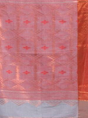 Silver Grey Cotton handspun Handwoven Saree With Ethnic Motifs And Zari Woven Designs 5