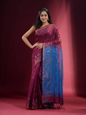 Purple Blended Cotton Handwoven Saree With Zari Woven Ethnic Patterns 1