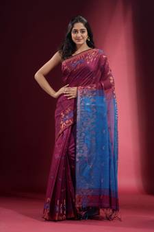 Purple Blended Cotton Handwoven Saree With Zari Woven Ethnic Patterns