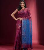 Purple Blended Cotton Handwoven Saree With Zari Woven Ethnic Patterns
