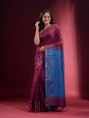 Purple Blended Cotton Handwoven Saree With Zari Woven Ethnic Patterns 2