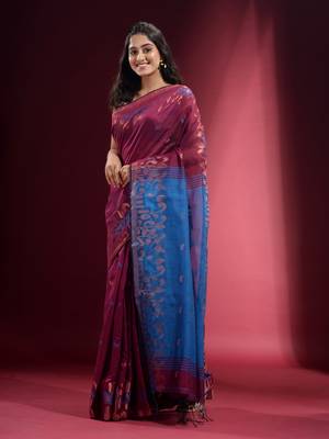 Purple Blended Cotton Handwoven Saree With Zari Woven Ethnic Patterns 3