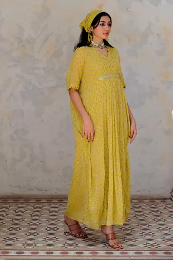 Moss Green Georgette Floral Booti Kaftan