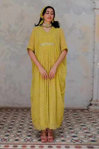 Moss Green Georgette Floral Booti Kaftan