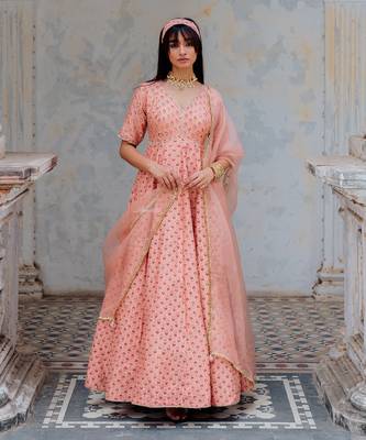 Blush Silk Printed And Embroidered Anarkali Set 1
