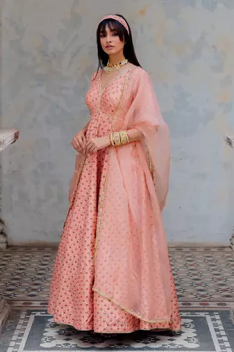 Blush Silk Printed And Embroidered Anarkali Set